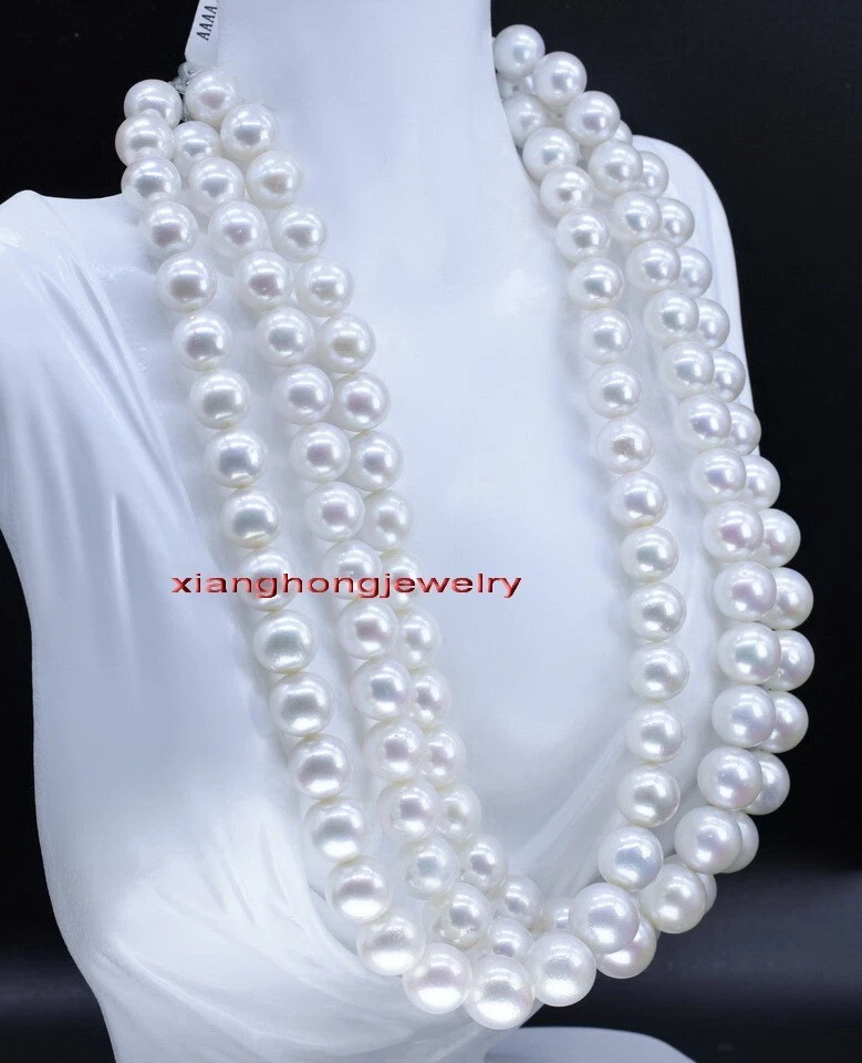 long AAAAA luster 48"9-10mm round REAL south sea white pearl necklace 14K gold Foto 1 de 1