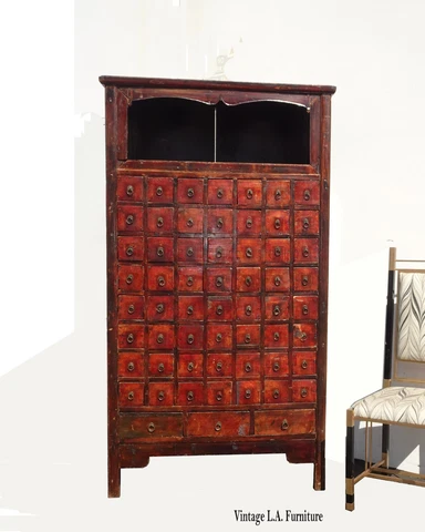 19th Century Asian Chinese Red Apothecary Cabinet w 59 Drawers 79" Tall Cover