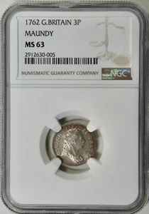 1762 Great Britain 3P Pence Maundy – NGC MS63 – Wonderful Eye Appeal - Picture 1 of 10
