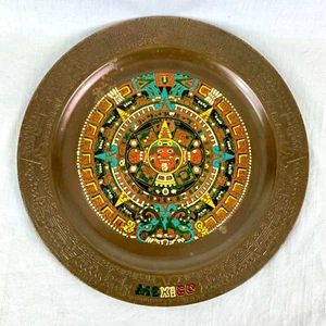 Vintage Copper Enamel Mayan Calendar Mexico Wall Hanging 11 in Plate Gallery - Picture 1 of 11
