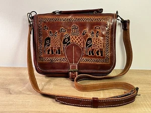 Diesel Embossed Leather Brown/Tan Purse Handbag Shoulder Bag Elephants Boho - Picture 1 of 11