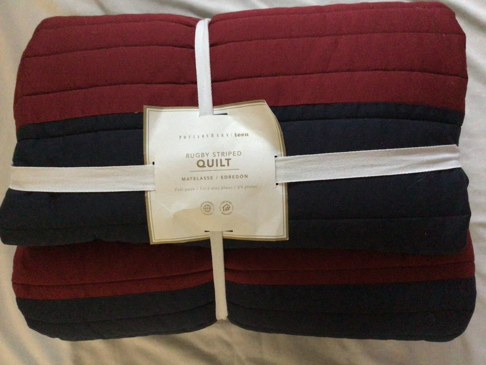 POTTERY BARN TEEN RUGBY STRIPE QUILT FULL/QUEEN RED/NAVY NEW - Image 1 of 1