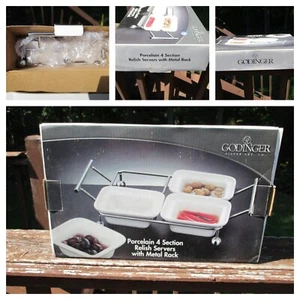 Godinger Silver Art Co ceramic 4 Section Relish Server w/ Metal Rack NEW!! - Picture 1 of 6