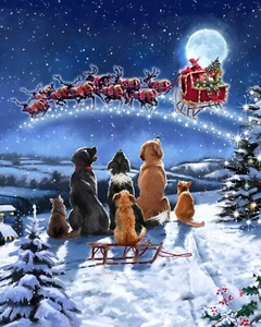 35" Digital Fabric Panel - David Textiles Christmas Midnight Meeting Santa Dog - Picture 1 of 1