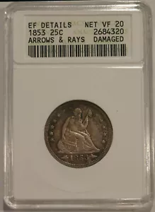 1853 Flechas y Rayos Cuarto Libertad Sentada ANACS EF DETALLES - Imagen 1 de 4