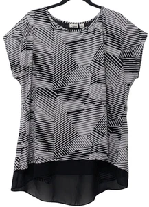 Cato Women's Geometric Sheer Lined Sleeveless Tunic Top L Black White Split Back - Picture 1 of 8