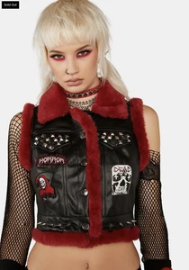Dolls Kill Mortal Dilemma Vegan Leather Vest Size M Studs Horror Punk Faux Fur - Picture 1 of 11