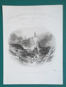 ENGLAND Tynemouth Lighthouse Stormy Sea Shipwreck Lifeboat - 1840 Antique Print - Picture 1 of 2