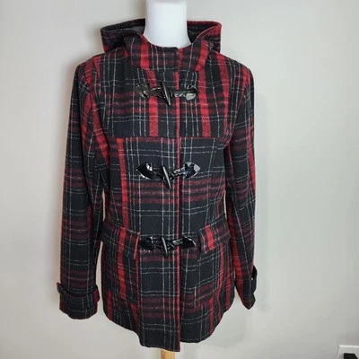 St Michael Tartan Wool Blend Duffle Coat Womens Medium Buffalo Plaid Jacket Y2K - Image 1 of 4