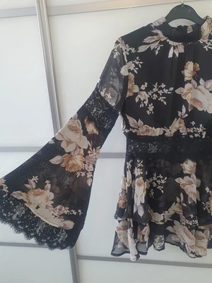 Missguided Floral High Neck Bell Sleeve Skater Dress Size 12 Petite - Image 1 of 4