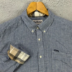 Barbour Mens Linen Shirt Medium Blue Houndstooth Plaid Flip Cuff Tailored Fit - Picture 1 of 10
