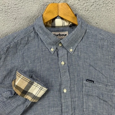 Barbour Mens Linen Shirt Medium Blue Houndstooth Plaid Flip Cuff Tailored Fit - Image 1 of 4