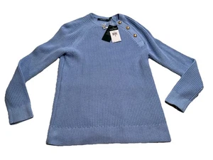 NUEVO CON ETIQUETAS Ralph Lauren Mujer’s M Periwinkle Algodón Texturizado Tejido Suéter Botón Dorado - Imagen 1 de 17