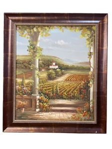 Framed Oil Painting By Avital S Vineyard Landscape Flowers & Hillside View - Picture 1 of 22