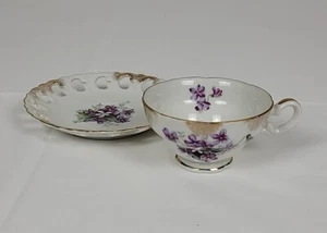 Lefton China handbemalte Teetasse und Untertasse lila floral Goldfarbe Vintage - Bild 1 von 16