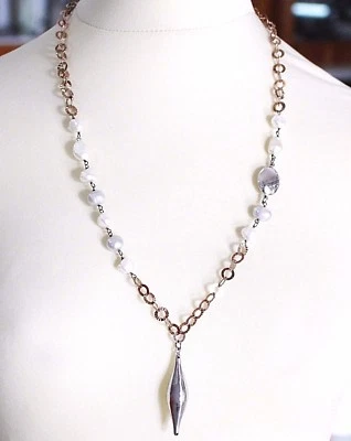 COLLANA ARGENTO 925, PERLE BAROCCHE, CATENA ROLO ROSA LAVORATA, PENDENTE OVALE - Immagine 1 di 4