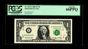 Special Serial number (E33330333I) 2006 $1 Federal Reserve Note PCGS Gem Unc 66 - Picture 1 of 2