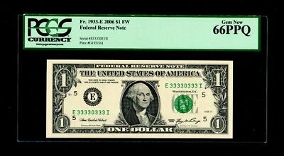 Special Serial number  (E33330333I) 2006 $1 Federal Reserve Note PCGS Gem Unc 66 - Image 1 of 2