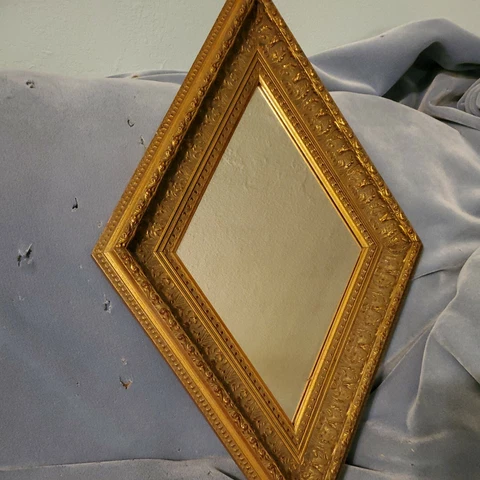 Antique/Vtg30"Ornate Gold Gilt Wood&Gesso Diamond Hanging Wall Mirror Home Decor Cover
