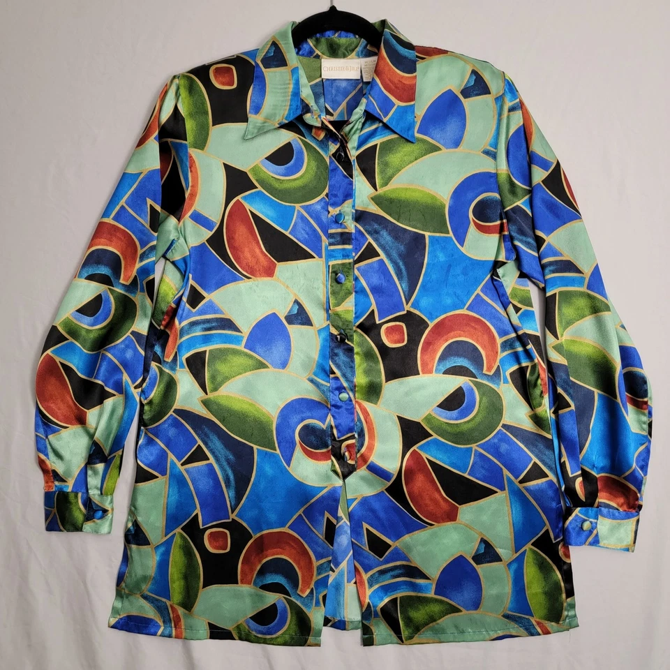 Blusa vintage Christie & Jill abotonada talla mediana drapeada aberturas laterales geométricas  Foto 1 de 4