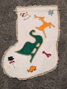 Vtg 70’s Felt Sequin Hand Made Christmas Stocking Reindeer Toys Wreath 21"L - Picture 1 of 8