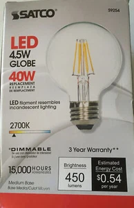 Satco 4.5W LED G25 Filament Globe Bulb 2700K Dimmable 15,000 Hr S9254 - Picture 1 of 3