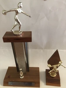 2 trofei bowling donna vintage legno superiore e inferiore metà secolo moderni - Foto 1 di 11