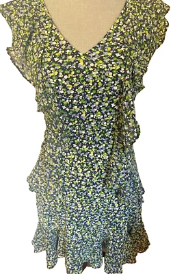NUEVO SIN ETIQUETAS VESTIDO MICHAEL KORS VERDE/AZUL/BLANCO FLORES CREMALLERA TRASERA VOLANTES TALLA XS Foto 1 de 4