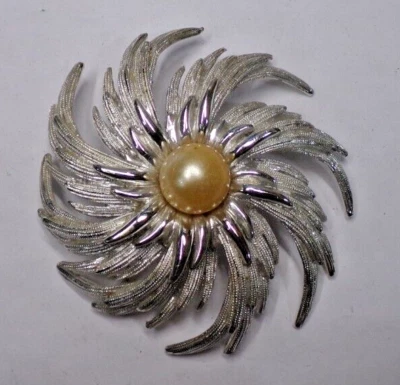 Vintage SARAH COVENTRY Silver Tone & Faux Pearl STARBURST Brooch 2.75" - Image 1 of 4