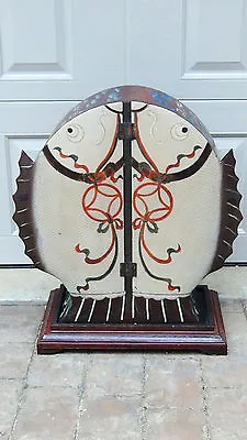 Antique Chinese Doble Door Drum Shape Hand Painted Cabinet Dragon &carp Motif #2 • 1130£