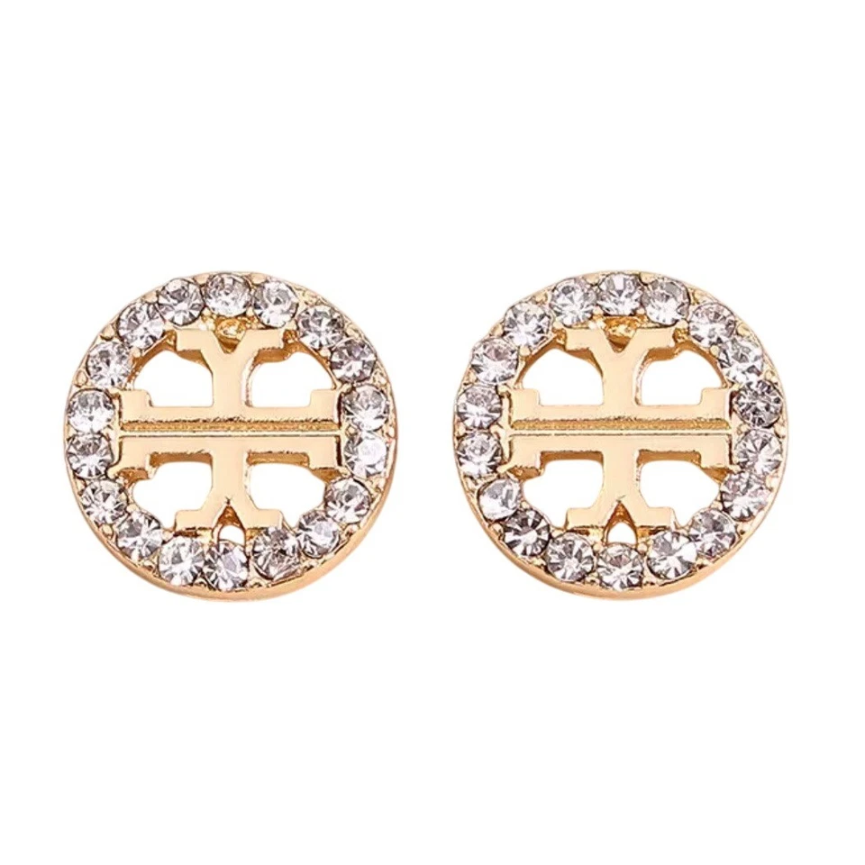 Aretes redondos adornados con cristal tono dorado con logotipo de Tory Burch nuevos sin etiquetas Foto 1 de 1