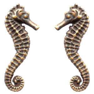 2 Sea Horse Cabinet Pull Set Door Knob Handle Seahorse pure aged Brass 7.5 cm - Picture 1 of 8