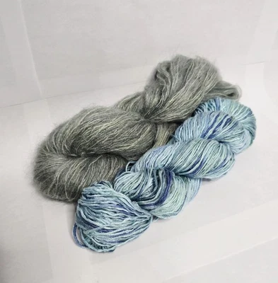 Yarn Set Hand-Dyed Silky & Fuzzy Acrylic Blues/Greens Lace and Finger Weight - Image 1 of 4