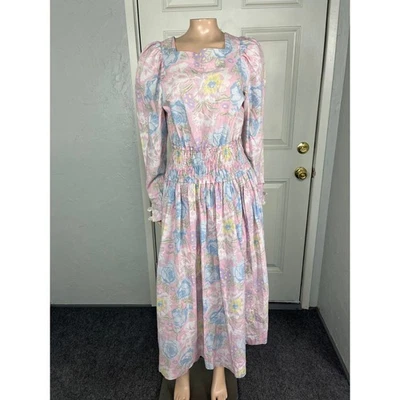 Vestido Vintage Años 80 Hecho a Mano Floral Algodón Cintura Ajustada Manga Larga Bolsillos D4-3 Foto 1 de 4