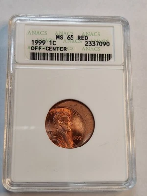 1999 Off-Center Lincoln Cent ANACS MS65 Red Mint Error Old Soap Box Holder  - Image 1 of 4