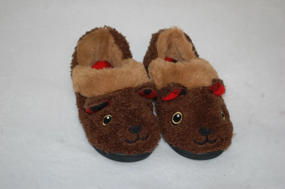 Мальчики ясельного возраста пушистый коричневый медведь тапочки искусственного меха подкладка красный клетку уши размер 9-10 - Изображение 1 из 1