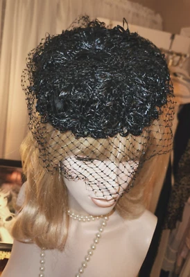 Vtg Jonquil Originals Black Straw Floral Weave Summer Pillbox Hat w/Veil - Image 1 of 4