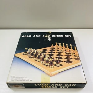 Vintage 1989 Gold & Oak Chess Set, Handcrafted Oak Chessboard 15" x 15" - Picture 1 of 5