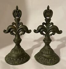Vintage Fleur-De-Lis Bookends~ Door Stop Bronze Powdered W/ Light Green Pair Set