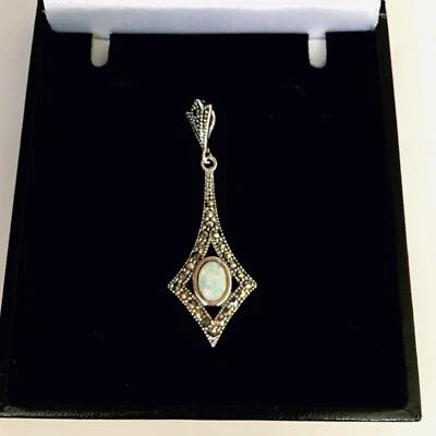 Art Deco Fire Opal Marcasite pendant  Sterling silver 1920s vintage style design - Image 1 of 4