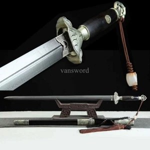 Damascus Folded Steel Chinese Jian 宋剑 Brass Sword Ebony Sheath Sharp for Display - Picture 1 of 10
