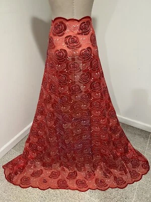 RED WHITE  Embroidery Sequins Lace Fabric 50” Width Sold By The Yard - Image 1 of 4