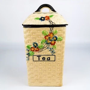 1920s Hotta Yu Shoten Japan Beige Tea Canister & Lid Ceramic Floral Basketweave - Picture 1 of 14