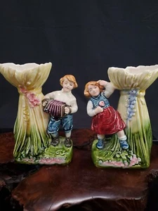 Antique Pair of Austrian Majolica Boy & Girl Figural Vases - Picture 1 of 12