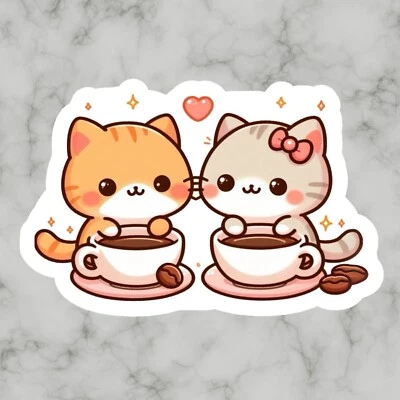 Kawaii Lindo Gatito Gato, Amigos Taza de Café Adorable Pegatina de Vinilo Brillante, Calcomanía Foto 1 de 2