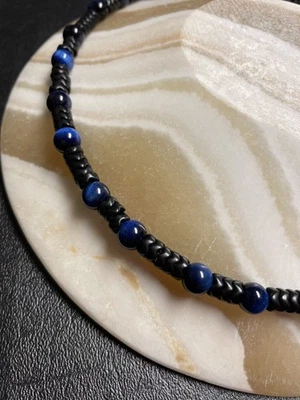 Collar hecho a mano ojo de gato azul y vinilo 19,5 ” broche de plata de ley .925 Foto 1 de 4