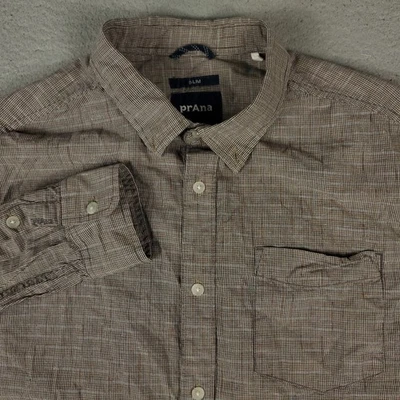 prAna Shirt Mens Medium Brown Plaid Slim Casual Button Up Long Sleeve - Image 1 of 4