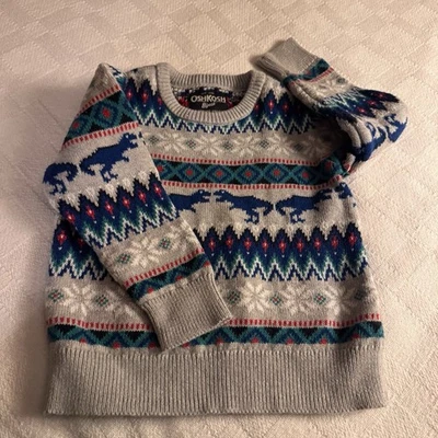 Свитер OshKosh B'Gosh Fair Isle T-Rex Dino размер 3T пуловер серый сине-зеленый - Изображение 1 из 4