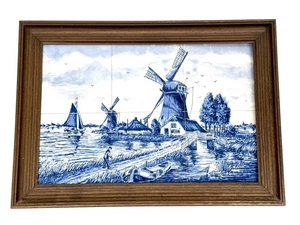 Vintage Delfter blau handbemalt Holland Fliese Tableau 6 Stück Windmühle Szene gerahmt - Bild 1 von 9