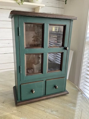 Vintage 19.5” Rustic Country Wood & Glass Wall Shelf Knick Knack Curio Cabinet - Image 1 of 4